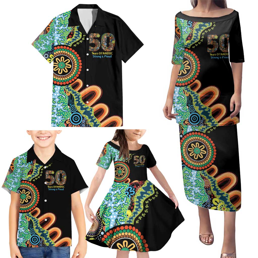 50 Years Of NAIDOC Family Matching Puletasi and Hawaiian Shirt Strong and Proud Aboriginal Dot Painting No3