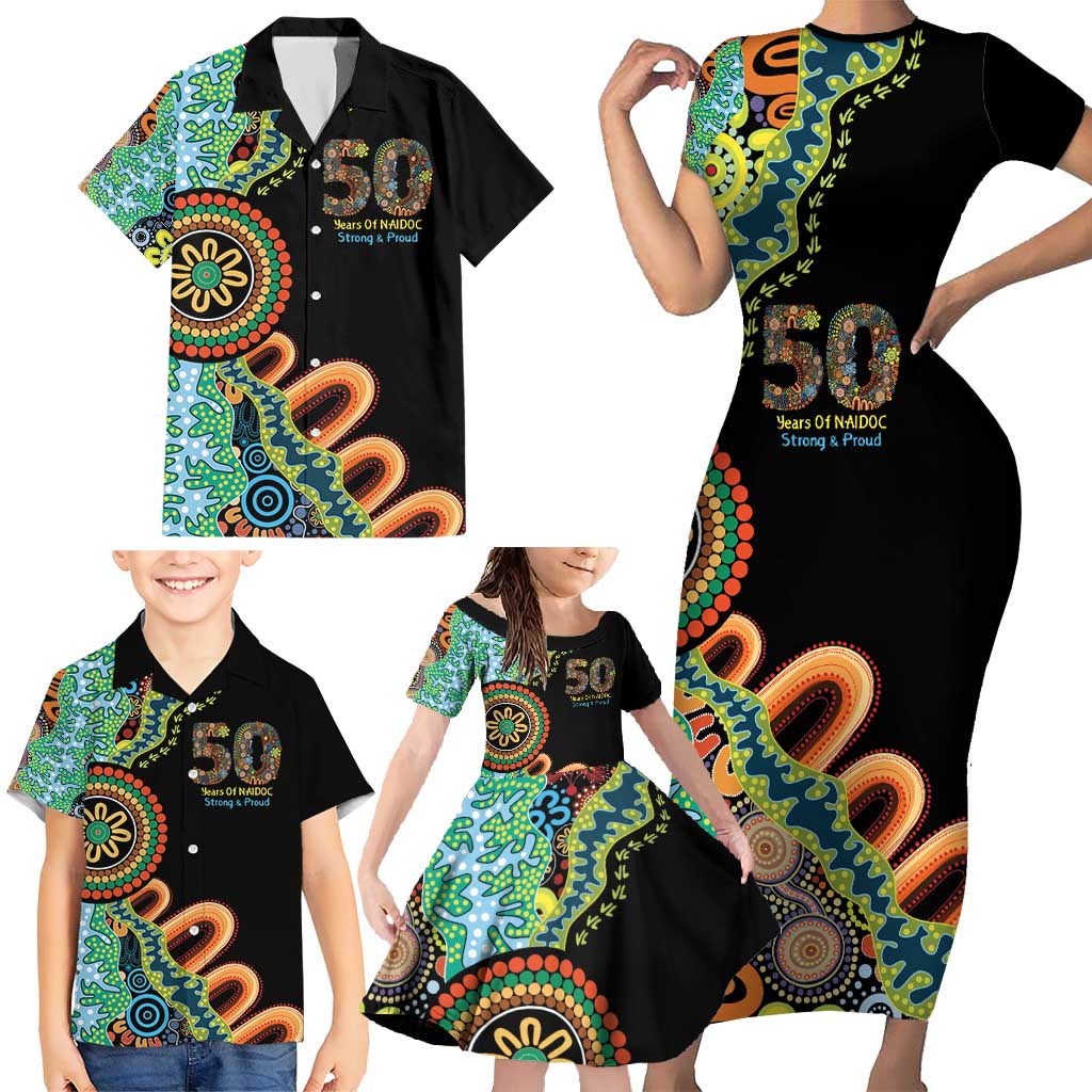 50 Years Of NAIDOC Family Matching Short Sleeve Bodycon Dress and Hawaiian Shirt Strong and Proud Aboriginal Dot Painting No3