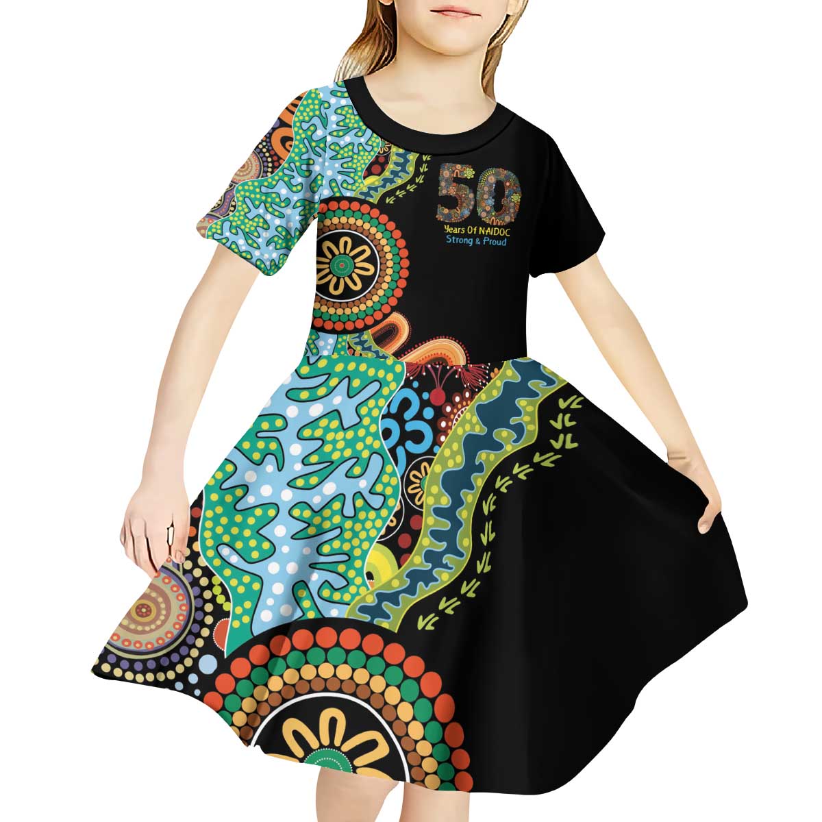 50 Years Of NAIDOC Kid Short Sleeve Dress Strong and Proud Aboriginal Dot Painting No3