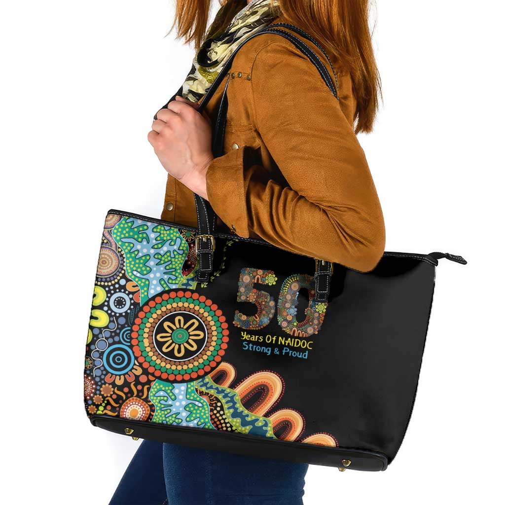50 Years Of NAIDOC Leather Tote Bag Strong and Proud Aboriginal Dot Painting No3