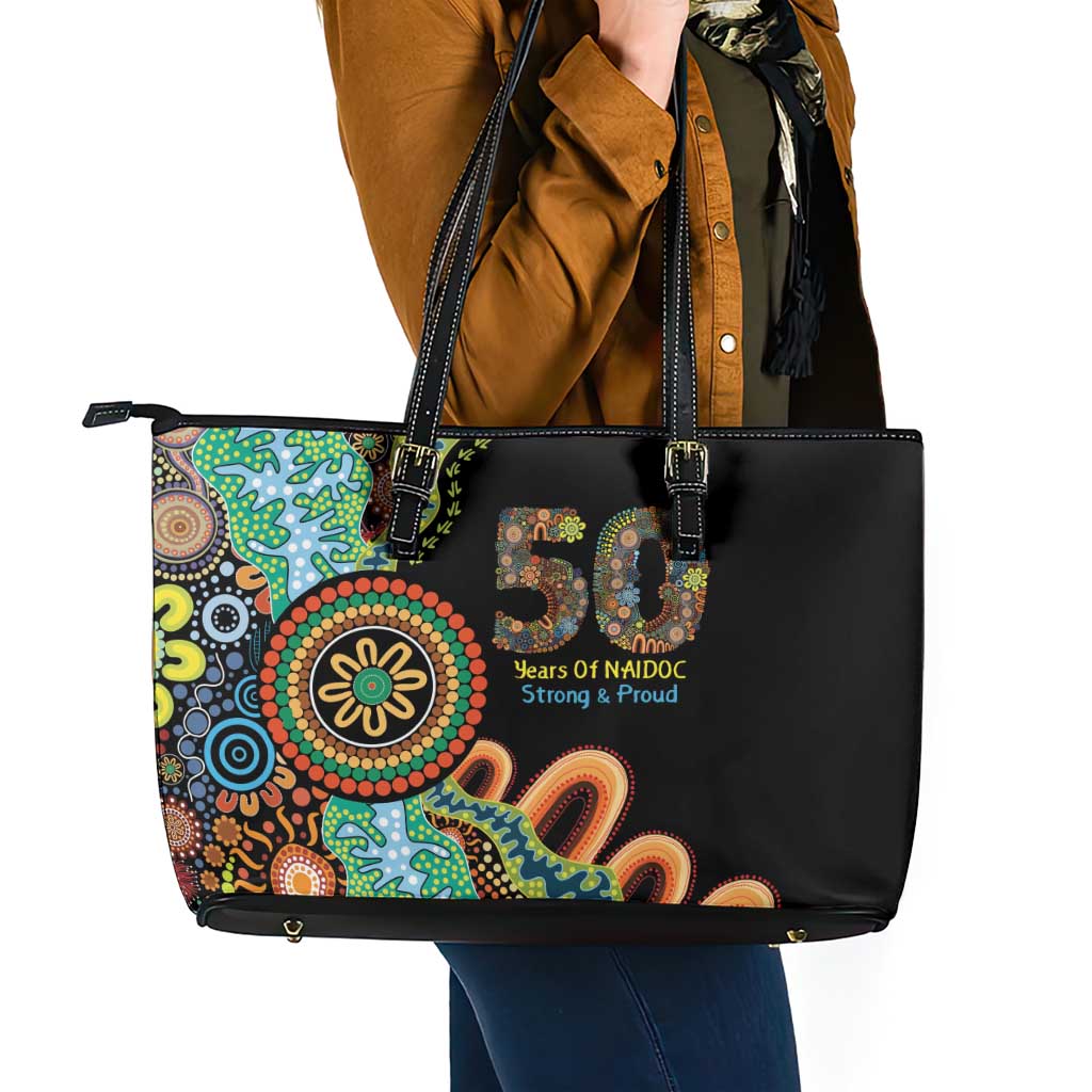 50 Years Of NAIDOC Leather Tote Bag Strong and Proud Aboriginal Dot Painting No3
