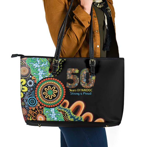 50 Years Of NAIDOC Leather Tote Bag Strong and Proud Aboriginal Dot Painting No3