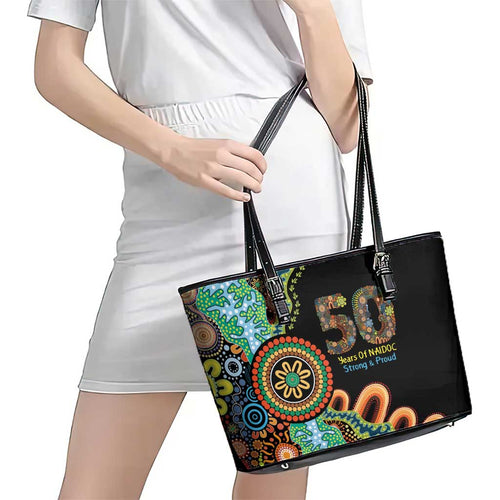50 Years Of NAIDOC Leather Tote Bag Strong and Proud Aboriginal Dot Painting No3