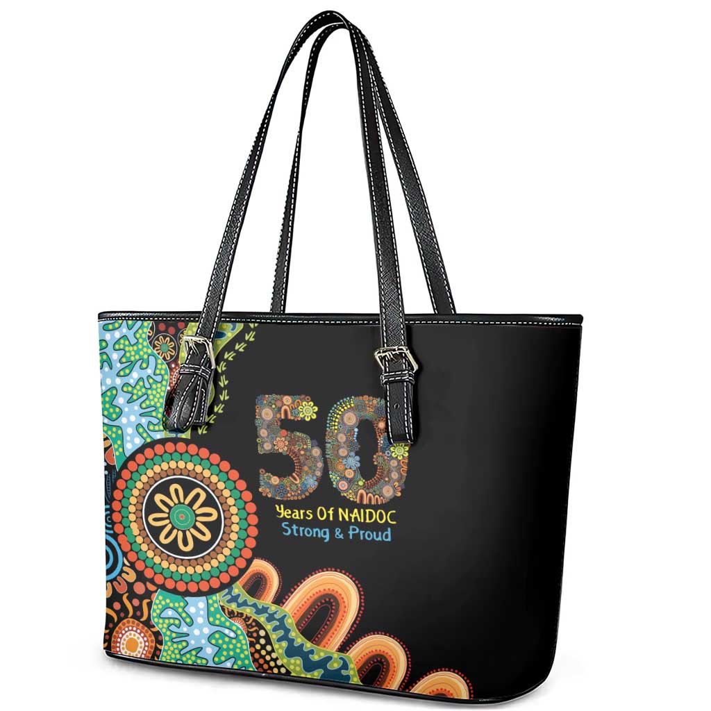 50 Years Of NAIDOC Leather Tote Bag Strong and Proud Aboriginal Dot Painting No3