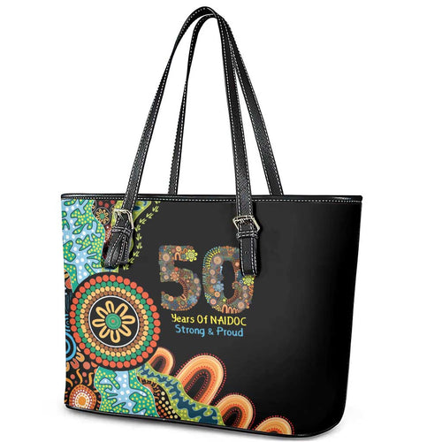 50 Years Of NAIDOC Leather Tote Bag Strong and Proud Aboriginal Dot Painting No3
