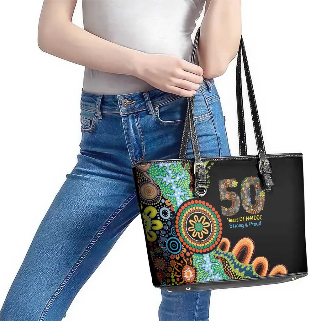 50 Years Of NAIDOC Leather Tote Bag Strong and Proud Aboriginal Dot Painting No3