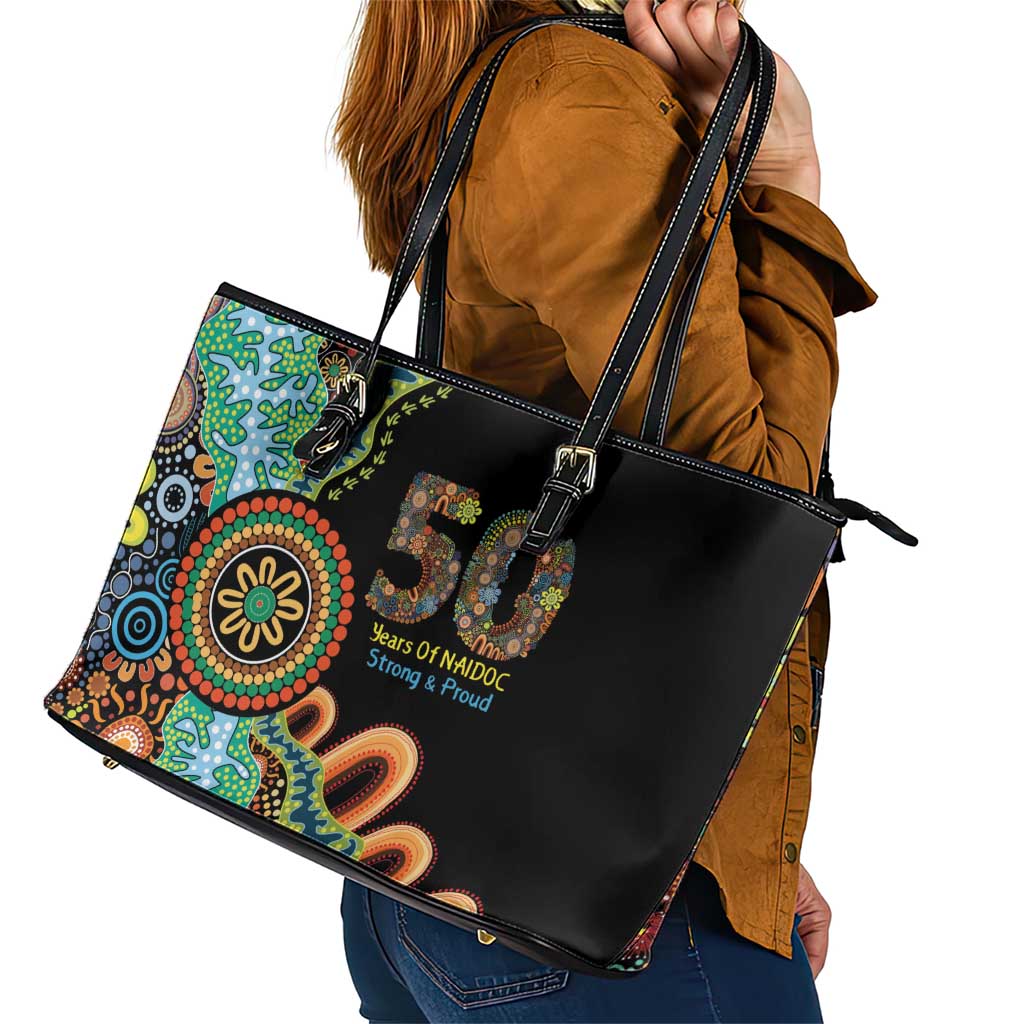 50 Years Of NAIDOC Leather Tote Bag Strong and Proud Aboriginal Dot Painting No3