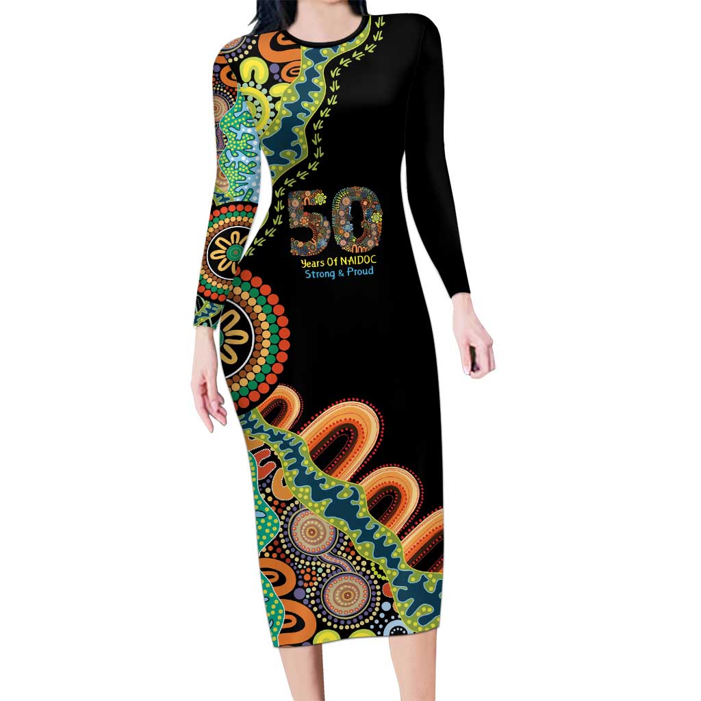 50 Years Of NAIDOC Long Sleeve Bodycon Dress Strong and Proud Aboriginal Dot Painting No3