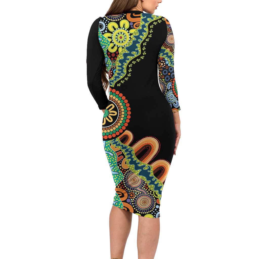50 Years Of NAIDOC Long Sleeve Bodycon Dress Strong and Proud Aboriginal Dot Painting No3