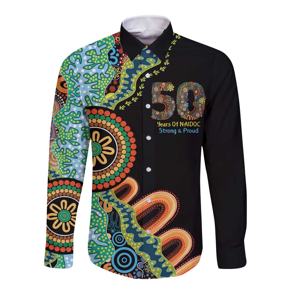 50 Years Of NAIDOC Long Sleeve Button Shirt Strong and Proud Aboriginal Dot Painting No3