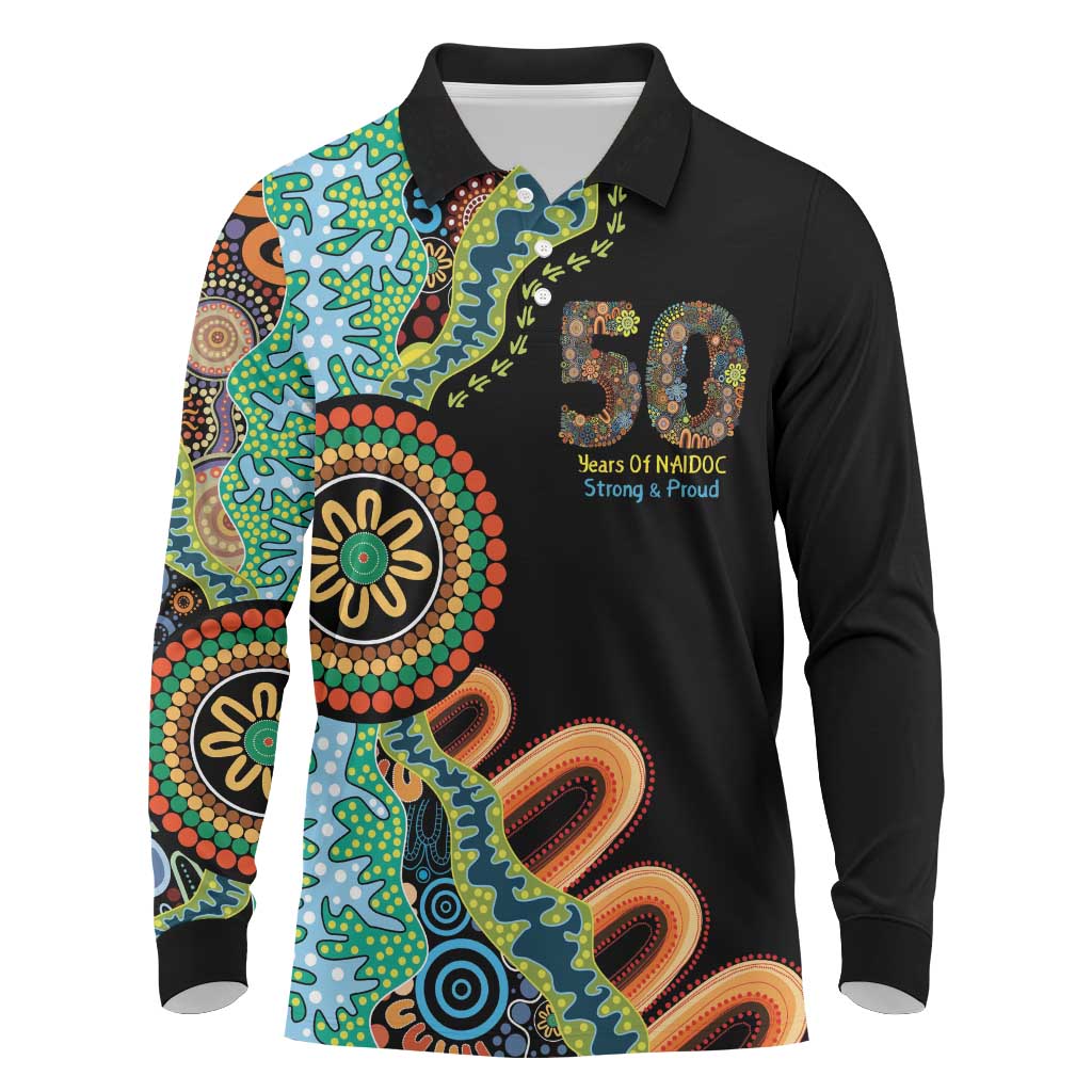 50 Years Of NAIDOC Long Sleeve Polo Shirt Strong and Proud Aboriginal Dot Painting No3