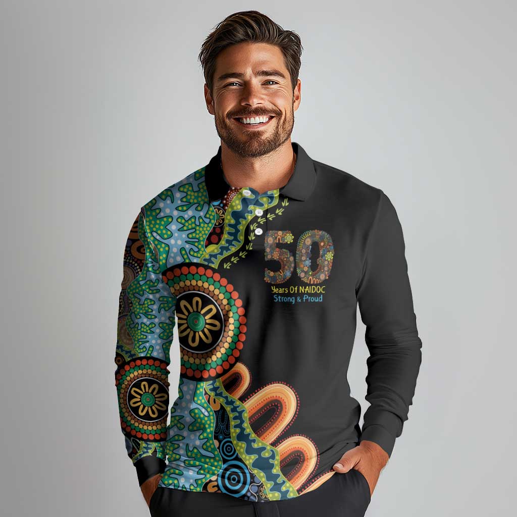 50 Years Of NAIDOC Long Sleeve Polo Shirt Strong and Proud Aboriginal Dot Painting No3