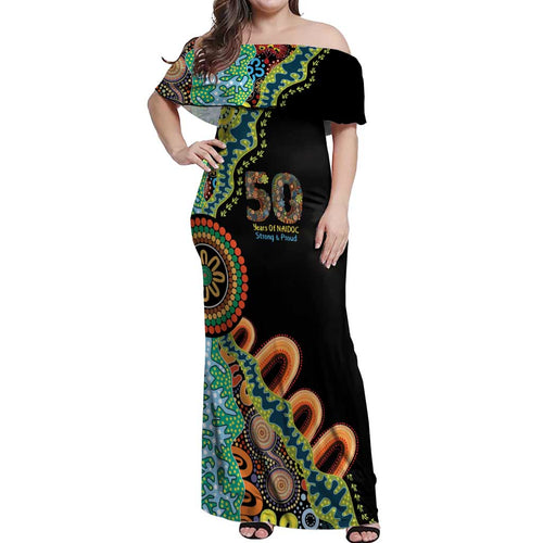 50 Years Of NAIDOC Off Shoulder Maxi Dress Strong and Proud Aboriginal Dot Painting No3