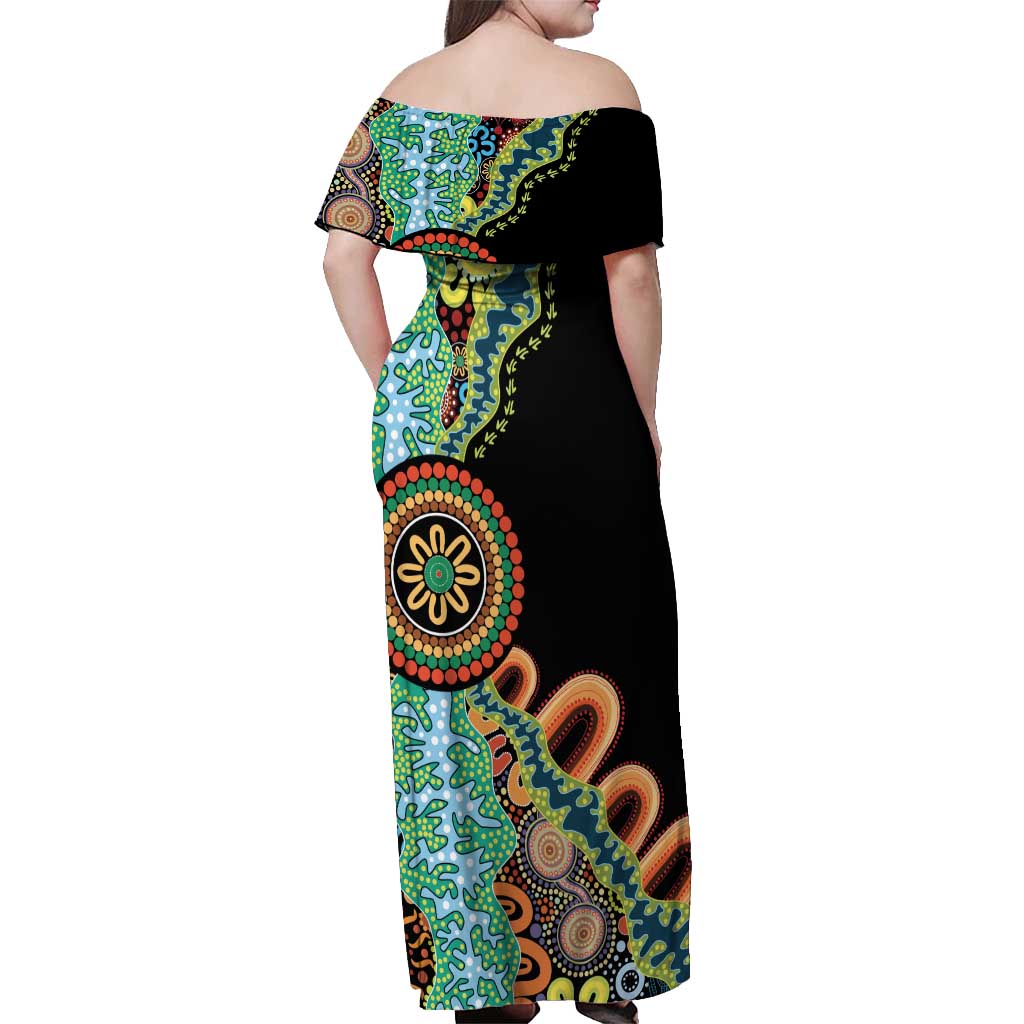 50 Years Of NAIDOC Off Shoulder Maxi Dress Strong and Proud Aboriginal Dot Painting No3