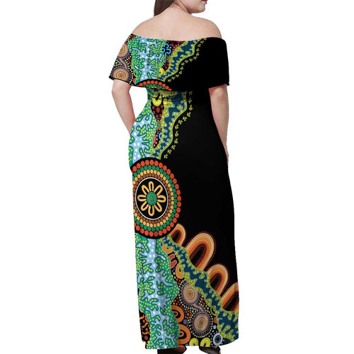 50 Years Of NAIDOC Off Shoulder Maxi Dress Strong and Proud Aboriginal Dot Painting No3