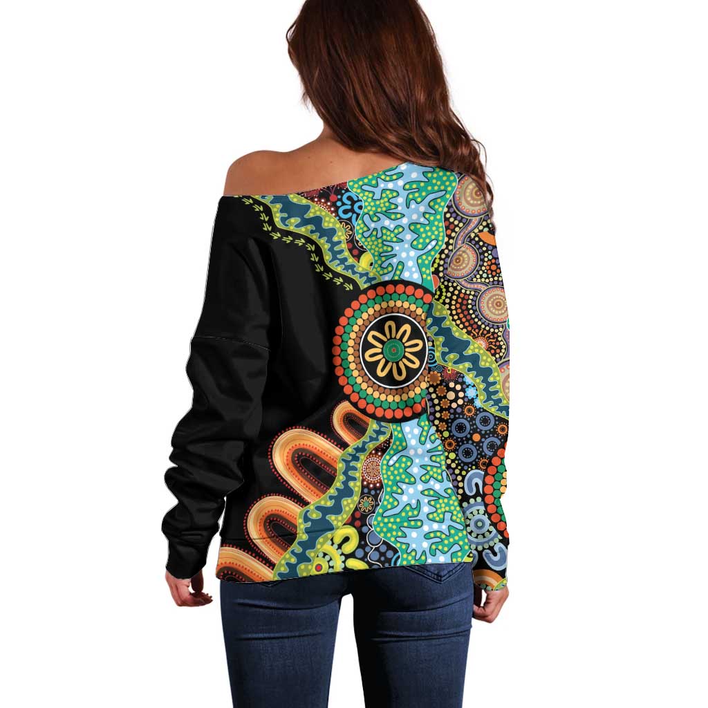 50 Years Of NAIDOC Off Shoulder Sweater Strong and Proud Aboriginal Dot Painting No3