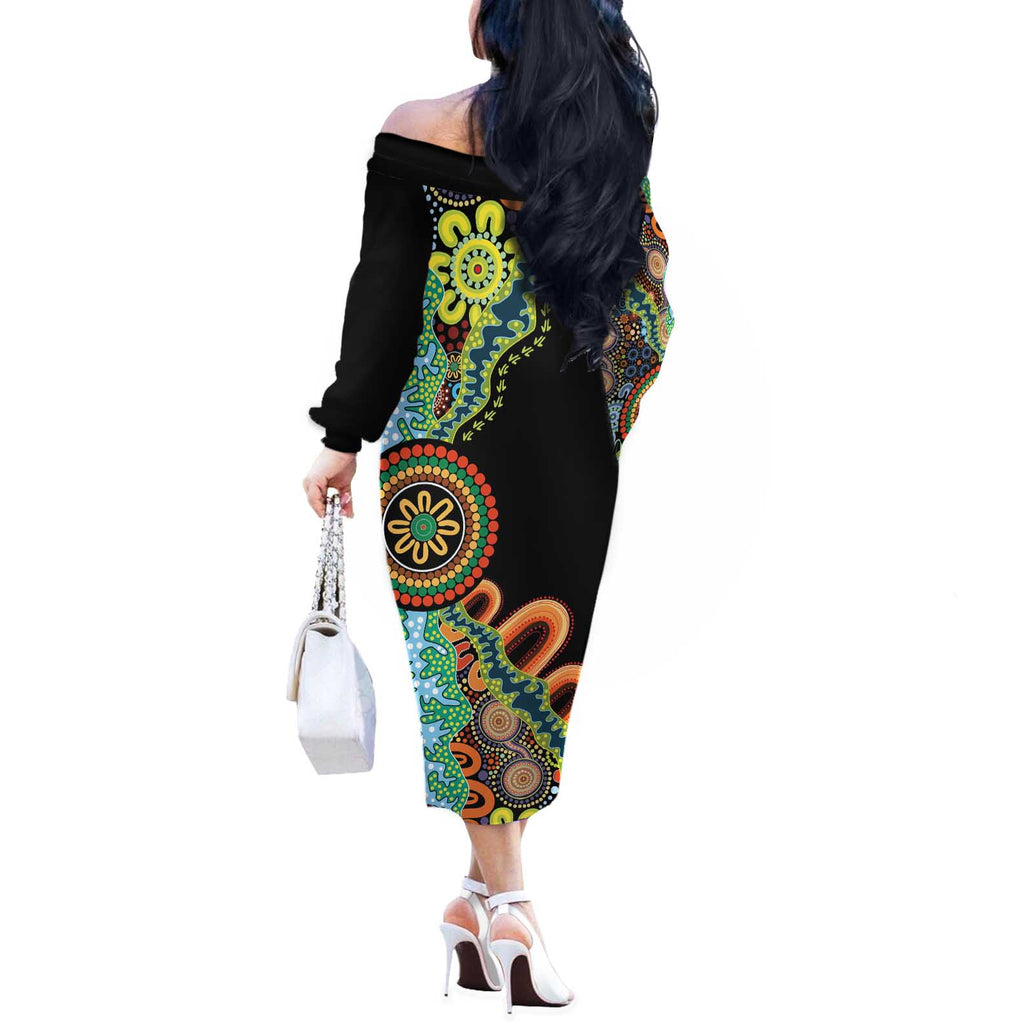 50 Years Of NAIDOC Off The Shoulder Long Sleeve Dress Strong and Proud Aboriginal Dot Painting No3