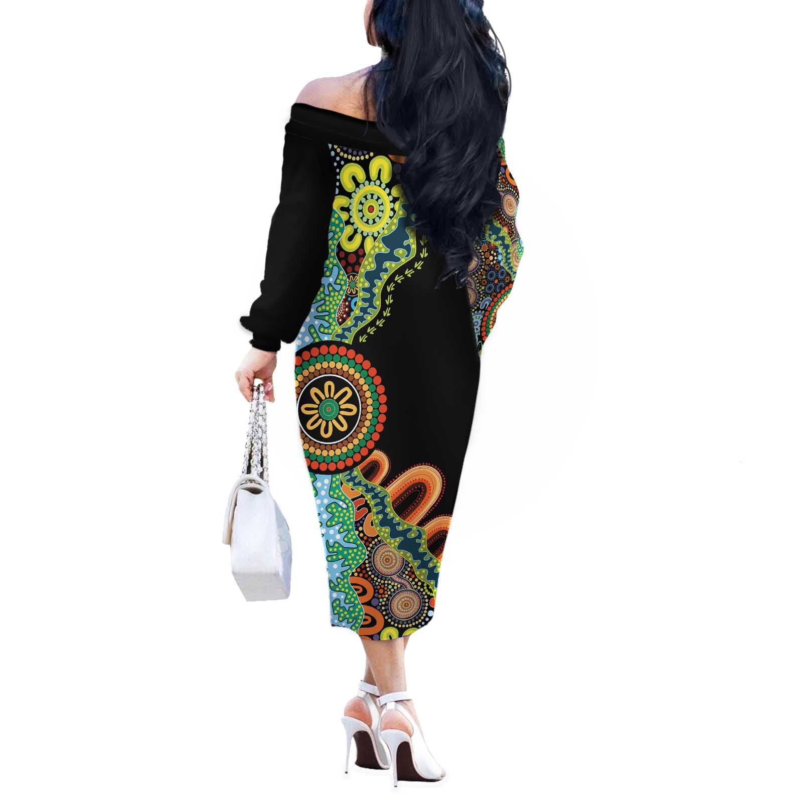 50 Years Of NAIDOC Off The Shoulder Long Sleeve Dress Strong and Proud Aboriginal Dot Painting No3