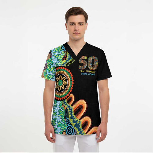 50 Years Of NAIDOC Scrub Top Strong and Proud Aboriginal Dot Painting No3 - Aussie Hoodie