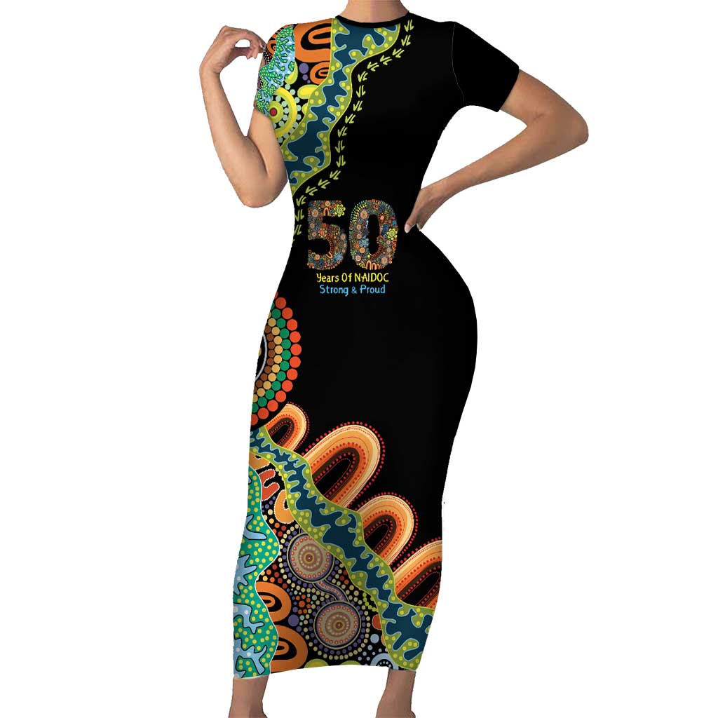 50 Years Of NAIDOC Short Sleeve Bodycon Dress Strong and Proud Aboriginal Dot Painting No3