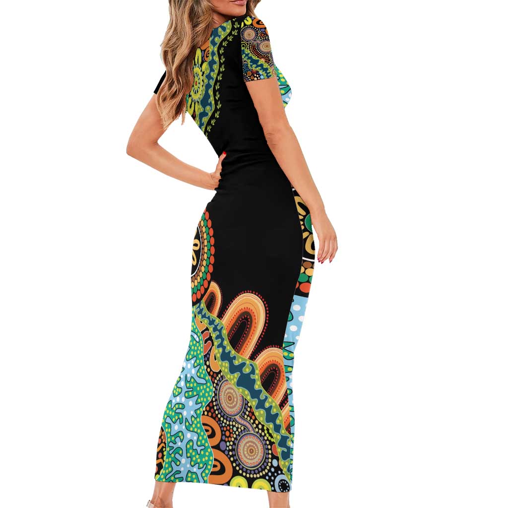 50 Years Of NAIDOC Short Sleeve Bodycon Dress Strong and Proud Aboriginal Dot Painting No3