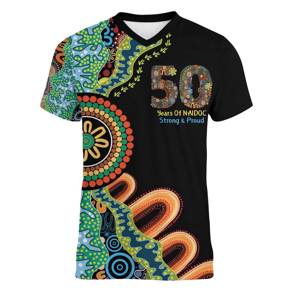50 Years Of NAIDOC Women V-Neck T-Shirt Strong and Proud Aboriginal Dot Painting No3