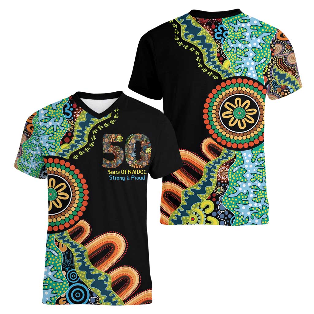 50 Years Of NAIDOC Women V-Neck T-Shirt Strong and Proud Aboriginal Dot Painting No3