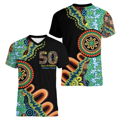 50 Years Of NAIDOC Women V-Neck T-Shirt Strong and Proud Aboriginal Dot Painting No3