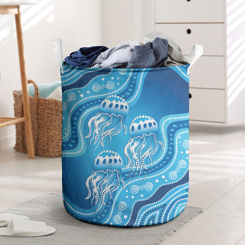 Aboriginal Ocean Jellyfish Laundry Basket Dot Art Dreamtime Style