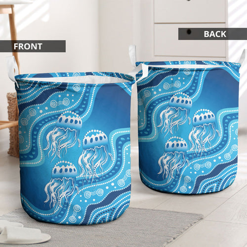 Aboriginal Ocean Jellyfish Laundry Basket Dot Art Dreamtime Style