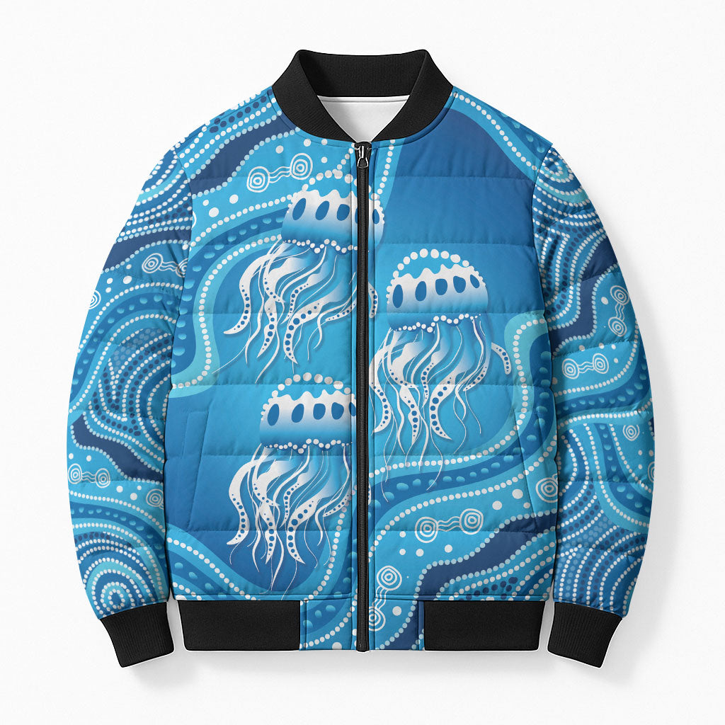 Aboriginal Ocean Jellyfish Bomber Puffer Jacket Dot Art Dreamtime Style