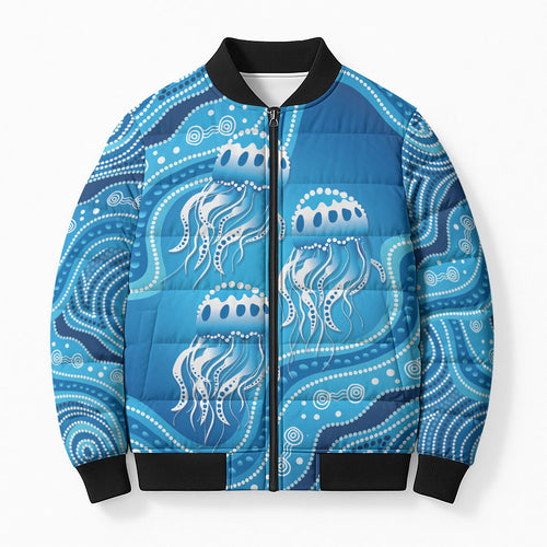 Aboriginal Ocean Jellyfish Bomber Puffer Jacket Dot Art Dreamtime Style