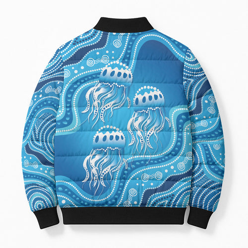 Aboriginal Ocean Jellyfish Bomber Puffer Jacket Dot Art Dreamtime Style