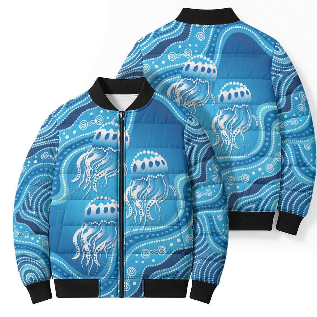 Aboriginal Ocean Jellyfish Bomber Puffer Jacket Dot Art Dreamtime Style