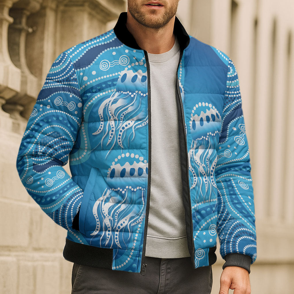 Aboriginal Ocean Jellyfish Bomber Puffer Jacket Dot Art Dreamtime Style