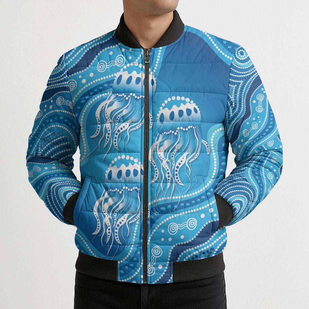 Aboriginal Ocean Jellyfish Bomber Puffer Jacket Dot Art Dreamtime Style