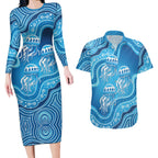 Aboriginal Ocean Jellyfish Couples Matching Long Sleeve Bodycon Dress and Hawaiian Shirt Dot Art Dreamtime Style