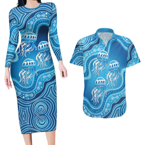 Aboriginal Ocean Jellyfish Couples Matching Long Sleeve Bodycon Dress and Hawaiian Shirt Dot Art Dreamtime Style