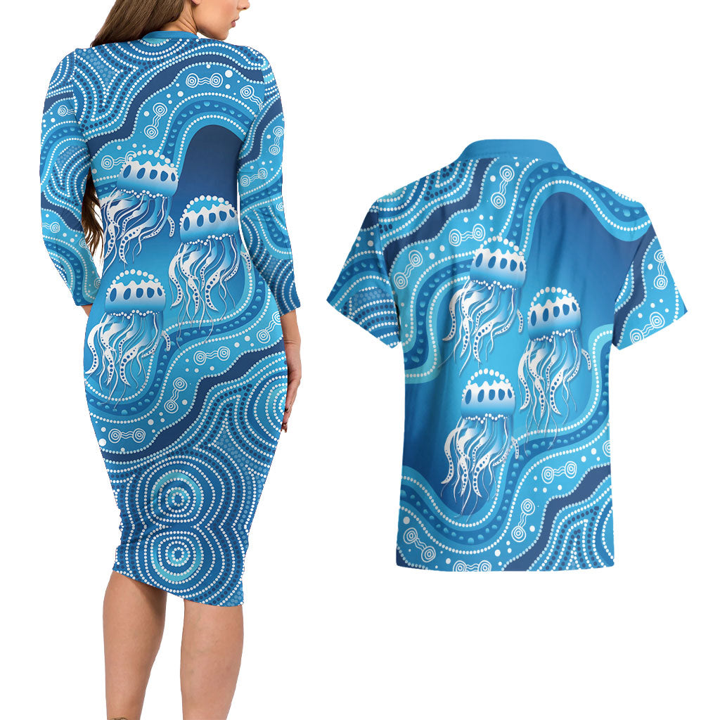 Aboriginal Ocean Jellyfish Couples Matching Long Sleeve Bodycon Dress and Hawaiian Shirt Dot Art Dreamtime Style