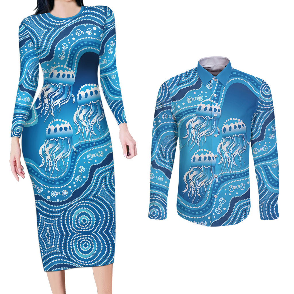 Aboriginal Ocean Jellyfish Couples Matching Long Sleeve Bodycon Dress and Long Sleeve Button Shirt Dot Art Dreamtime Style