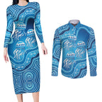 Aboriginal Ocean Jellyfish Couples Matching Long Sleeve Bodycon Dress and Long Sleeve Button Shirt Dot Art Dreamtime Style