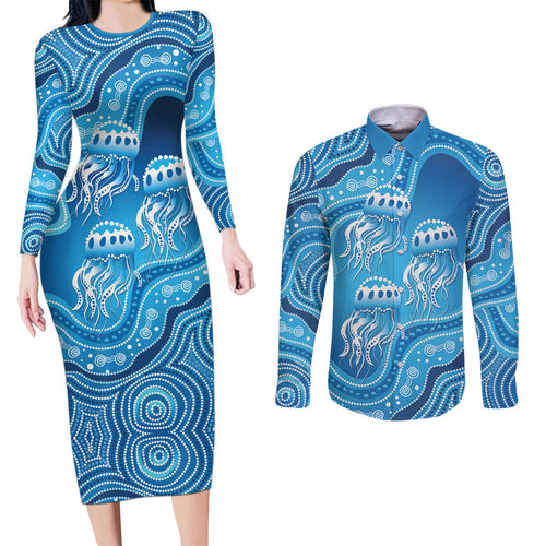 Aboriginal Ocean Jellyfish Couples Matching Long Sleeve Bodycon Dress and Long Sleeve Button Shirt Dot Art Dreamtime Style