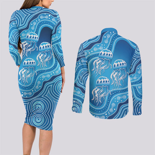 Aboriginal Ocean Jellyfish Couples Matching Long Sleeve Bodycon Dress and Long Sleeve Button Shirt Dot Art Dreamtime Style