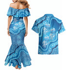Aboriginal Ocean Jellyfish Couples Matching Mermaid Dress and Hawaiian Shirt Dot Art Dreamtime Style