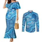 Aboriginal Ocean Jellyfish Couples Matching Mermaid Dress and Long Sleeve Button Shirt Dot Art Dreamtime Style