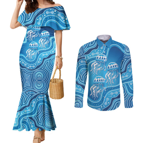 Aboriginal Ocean Jellyfish Couples Matching Mermaid Dress and Long Sleeve Button Shirt Dot Art Dreamtime Style