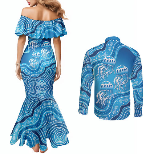 Aboriginal Ocean Jellyfish Couples Matching Mermaid Dress and Long Sleeve Button Shirt Dot Art Dreamtime Style