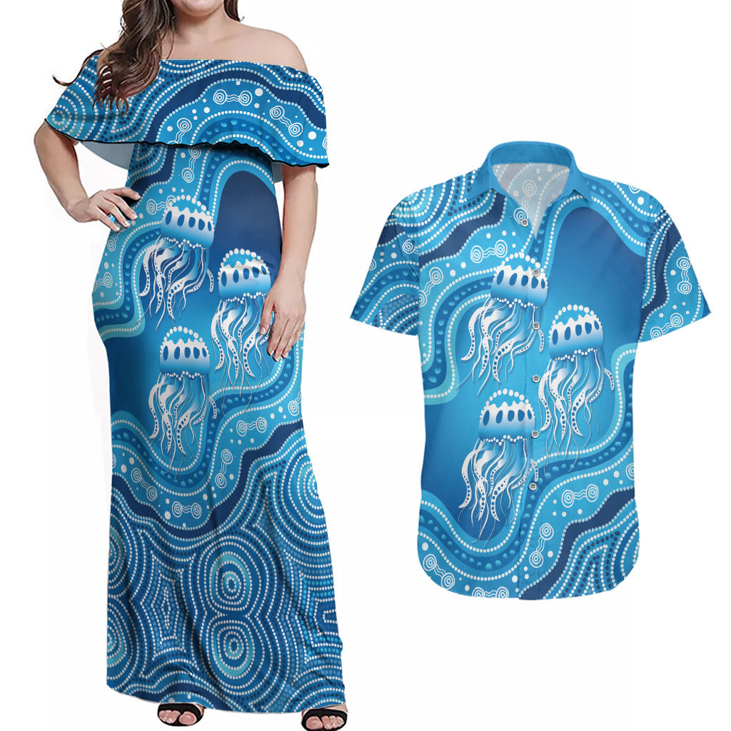Aboriginal Ocean Jellyfish Couples Matching Off Shoulder Maxi Dress and Hawaiian Shirt Dot Art Dreamtime Style