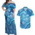 Aboriginal Ocean Jellyfish Couples Matching Off Shoulder Maxi Dress and Hawaiian Shirt Dot Art Dreamtime Style