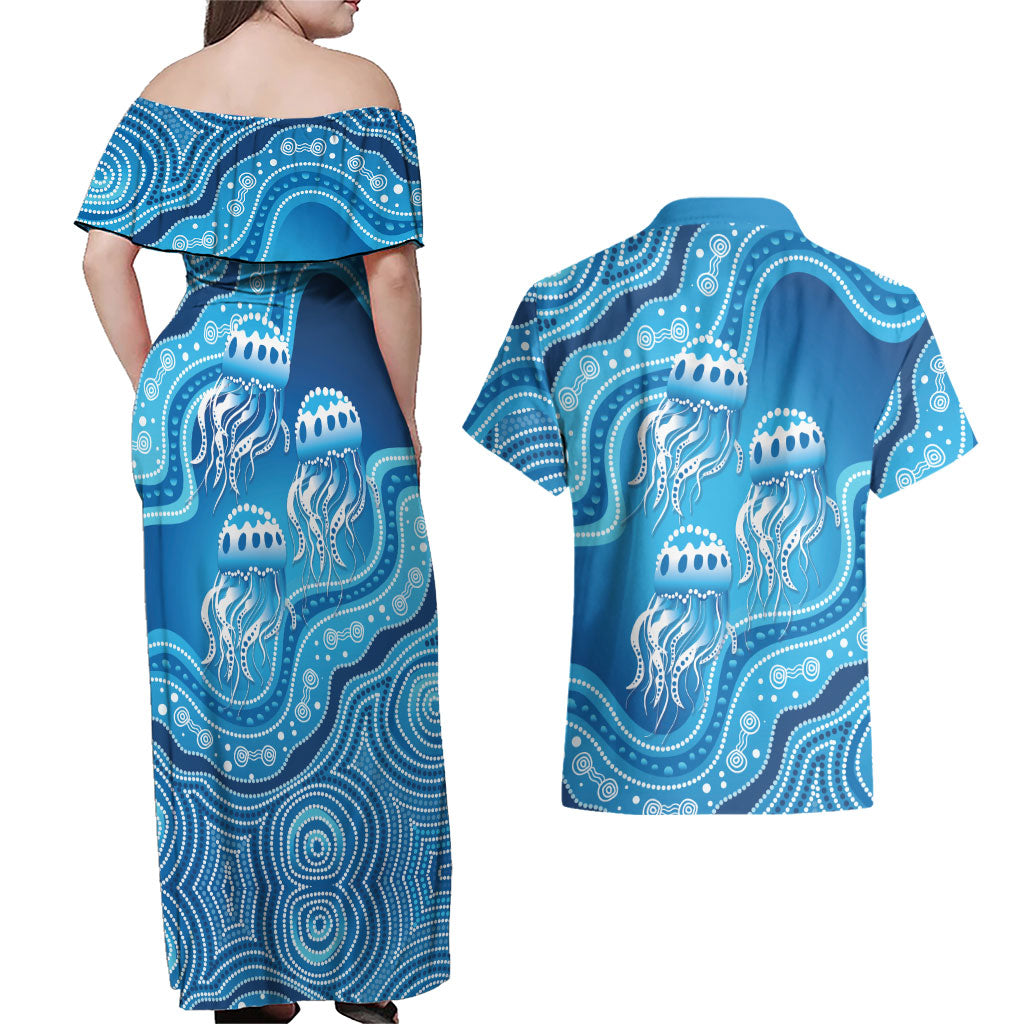 Aboriginal Ocean Jellyfish Couples Matching Off Shoulder Maxi Dress and Hawaiian Shirt Dot Art Dreamtime Style